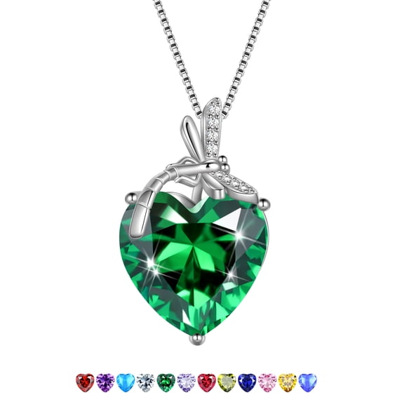 Juwaliy Dragonfly Necklace Heart May Birthstone Necklace Emerald CZ 925 Sterling Silver Pendant Green Jewelry Women Birthday Christmas Mother's Day Gifts