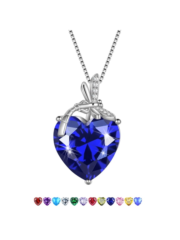 Dragonfly Necklace Heart September Birthstone Necklace Sapphire Blue 925 Sterling Silver Pendant Jewelry Women Birthday Christmas Mother's Day Gift