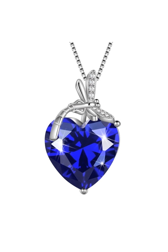 Dragonfly Necklace Heart September Birthstone Necklace Sapphire Blue 925 Sterling Silver Pendant Jewelry Women Birthday Christmas Mother's Day Gift
