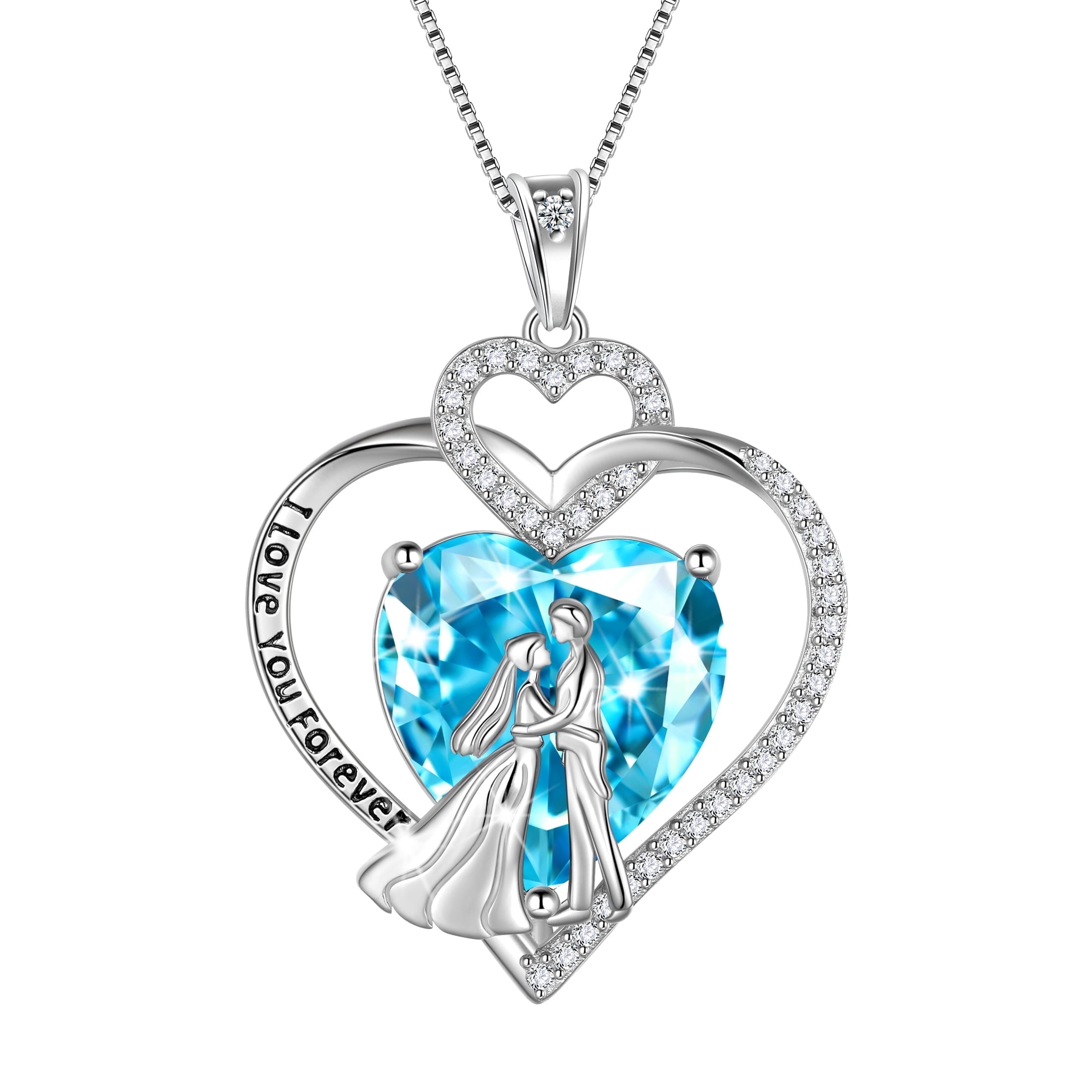 Juwaliy Couple Necklace for Women 925 Sterling Silver Heart March Birthstone Pendant Engraved I Love You Wedding Engagement Jewelry Valentines Day Gift for Wife Bride Her