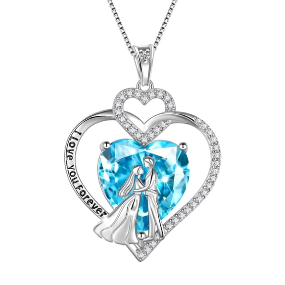 Juwaliy Couple Necklace for Women 925 Sterling Silver Heart March Birthstone Pendant Engraved I Love You Wedding Engagement Jewelry Valentines Day Gift for Wife Bride Her