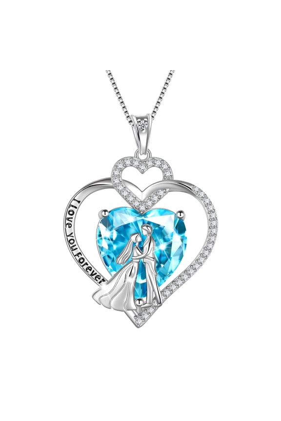 Couple Necklace for Women 925 Sterling Silver Heart March Birthstone Pendant Engraved I Love You Wedding Engagement Jewelry Valentines Day Gift for Wife Bride Her