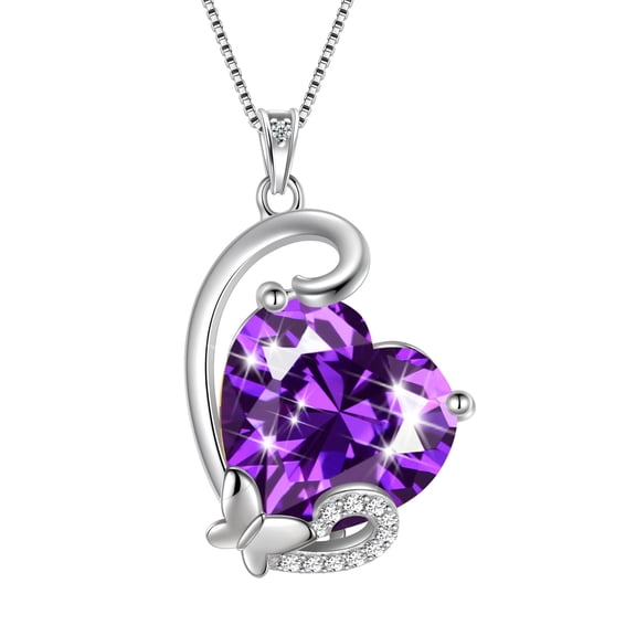 Juwaliy February Birthstone Heart Necklace Butterfly Pendant Purple Amethyst Jewelry 925 Sterling Silver Women Mom Birthday Valentine's Day Gift