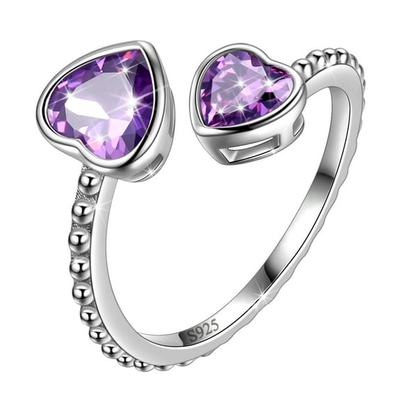 Juwaliy February Birthstone Ring Amethyst 925 Sterling Silver Double Hearts Rings Bezel Purple Women Jewelry Birthday Valentine's Day Gift