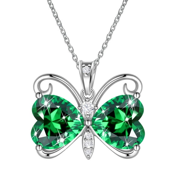 Juwaliy Green Butterfly Necklace Heart May Birthstone Necklace Emerald Pendant Jewelry Women Christmas Birthday Mother's Day Gift for Mom Grandma Wife