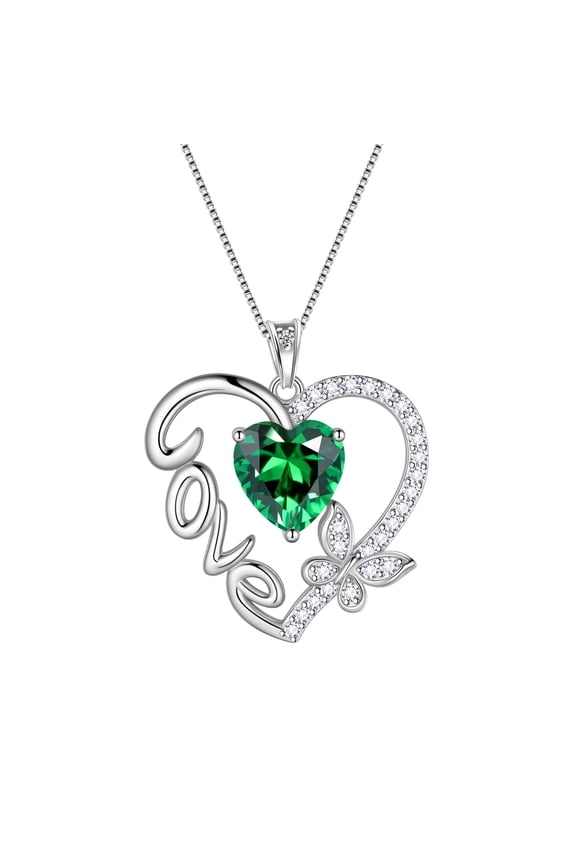 Green Love Heart Necklace Butterfly May Birthstone Necklace Emerald 925 Sterling Silver Jewelry Women Valentine Christmas Birthday Mothers Day Gift Idea