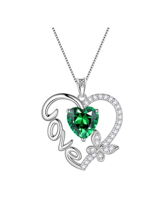 Green Love Heart Necklace Butterfly May Birthstone Necklace Emerald 925 Sterling Silver Jewelry Women Valentine Christmas Birthday Mothers Day Gift Idea
