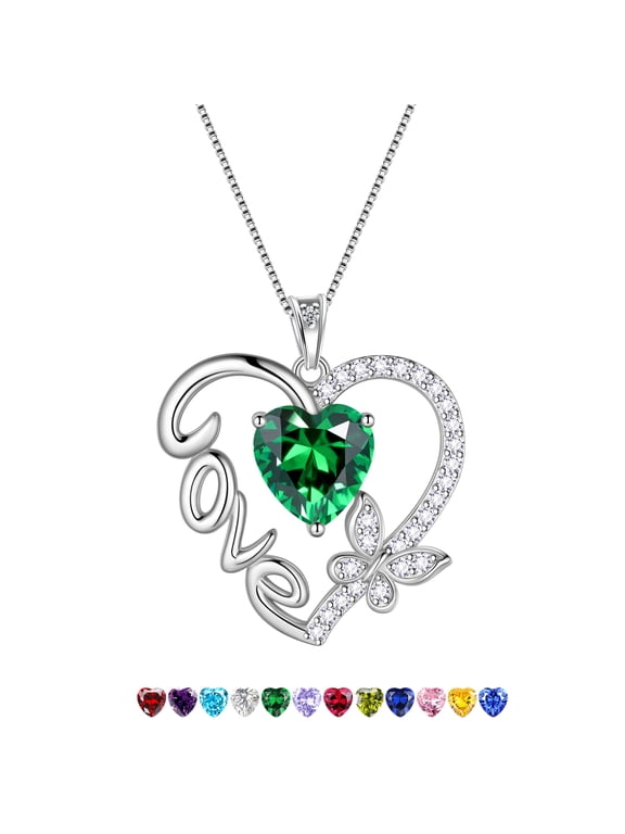 Green Love Heart Necklace 925 Sterling Silver Butterfly May Birthstone Necklace Emerald Jewelry Women Valentine Christmas Birthday Mothers Day Gift Idea