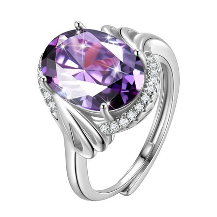 Juwaliy Halo Oval 8Ct Women Ring 925 Sterling Silver February Birthstone Amethyst Purple Crystal Jewelry Mother Grandma Birthday Valentine's Day Gift