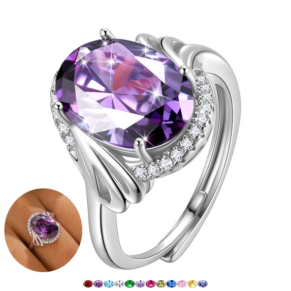 Juwaliy Halo Oval 8Ct Women Ring 925 Sterling Silver February Birthstone Amethyst Purple Crystal Jewelry Mother Grandma Birthday Valentine's Day Gift