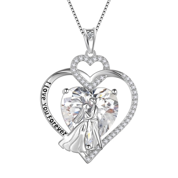 Juwaliy Couple Necklace for Women 925 Sterling Silver Heart April Birthstone Pendant Engraved Wedding Engagement Jewelry Valentines Day Gift for Her Wife Bride Girlfriend