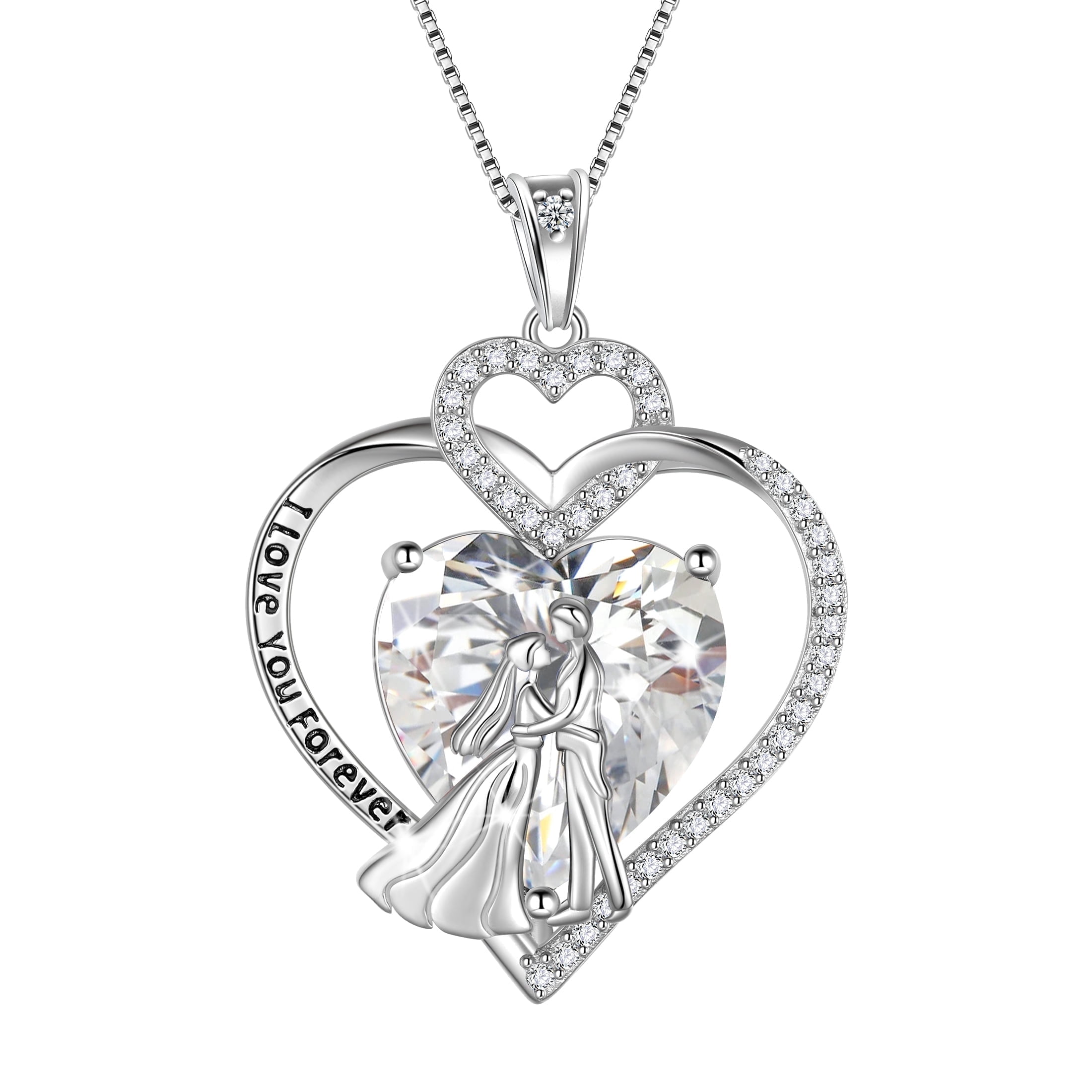 Juwaliy Couple Necklace for Women 925 Sterling Silver Heart April Birthstone Pendant Engraved Wedding Engagement Jewelry Valentines Day Gift for Her Wife Bride Girlfriend