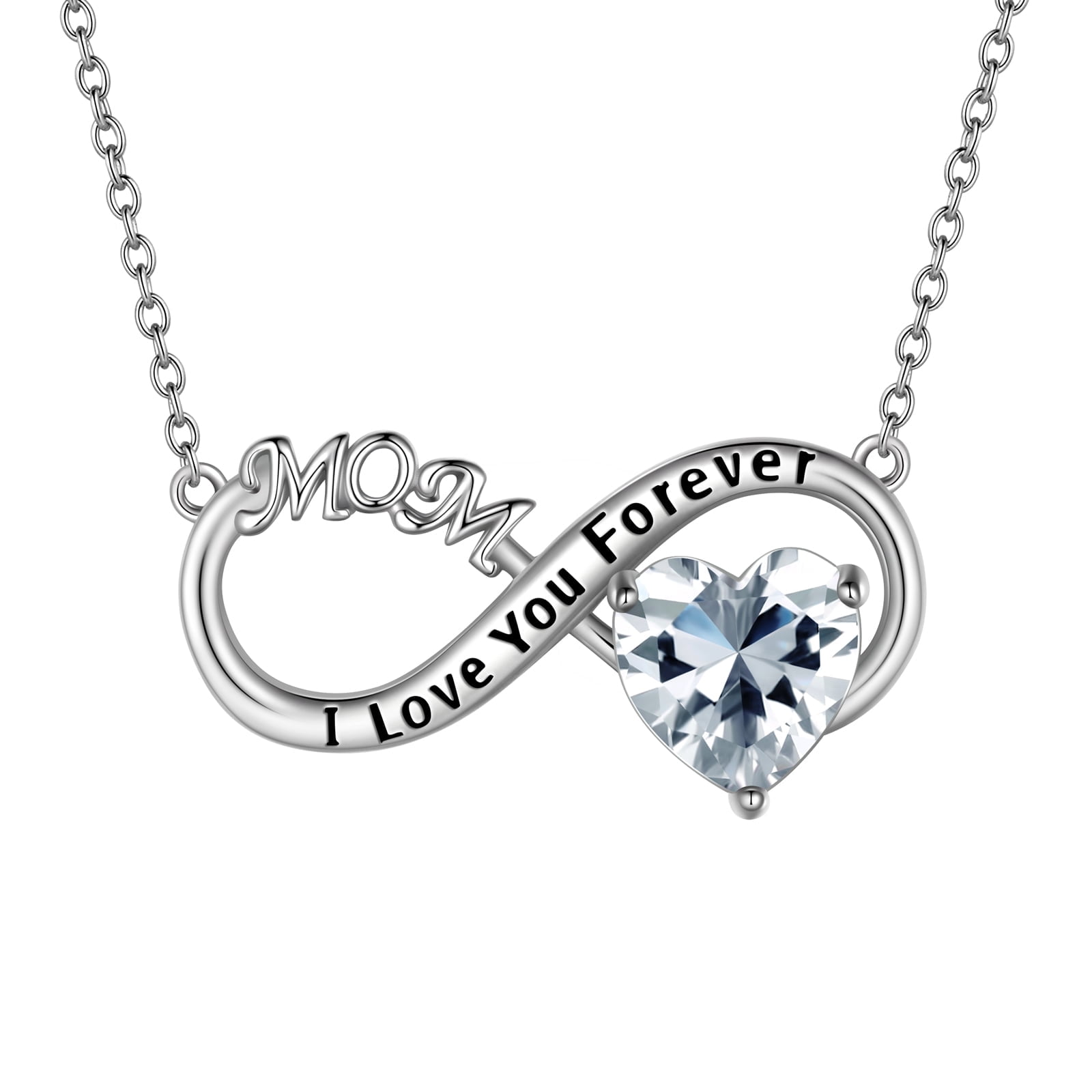 Juwaliy Infinity Heart Necklace for Mom April Birthstone Necklace Diamond White Pendant 925 Sterling Silver Jewelry Women Birthday Mother's Day Gifts