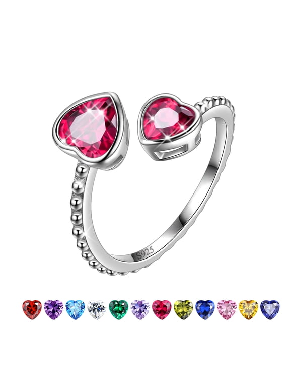 July Birthstone Ring Ruby 925 Sterling Silver Double Hearts Rings Bezel Red CZ Women Jewelry Birthday Mother's Day Gifts