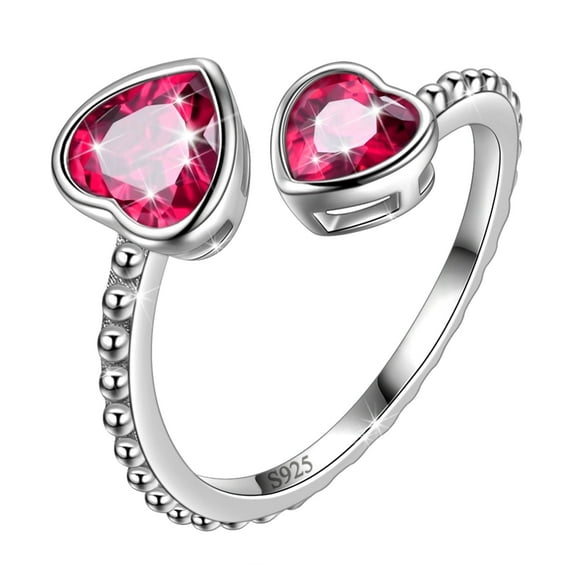 Juwaliy July Birthstone Ring Ruby 925 Sterling Silver Double Hearts Rings Bezel Red CZ Women Jewelry Birthday Mother's Day Gifts