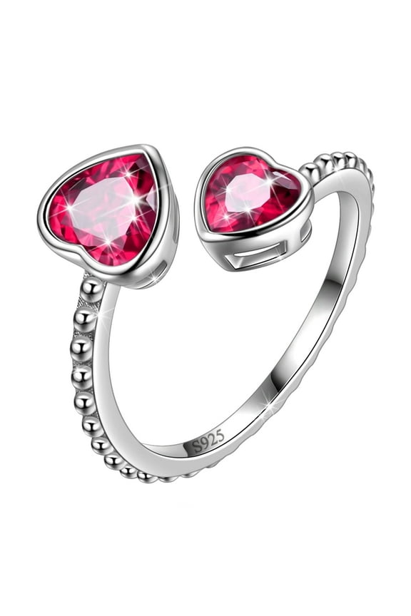 July Birthstone Ring Ruby 925 Sterling Silver Double Hearts Rings Bezel Red CZ Women Jewelry Birthday Mother's Day Gifts
