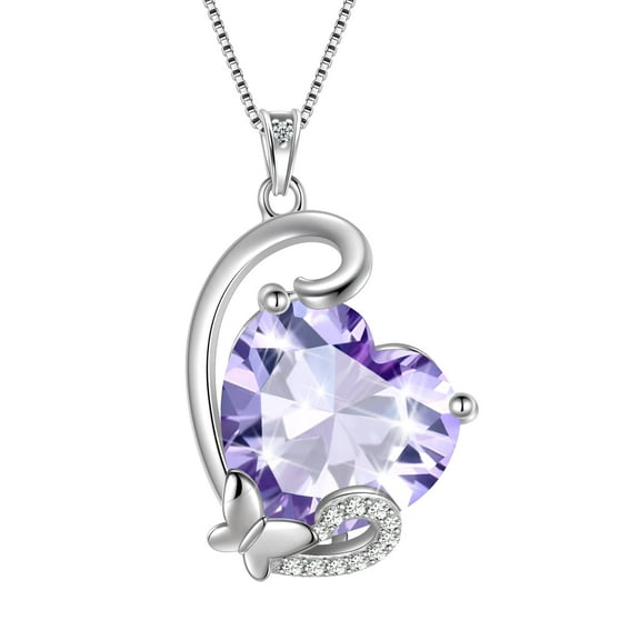 Juwaliy June Birthstone Heart Necklace Butterfly Pendant Alexandrite CZ 925 Sterling Silver Jewelry Mother Women Birthday Valentine's Day Gift