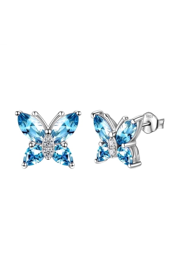 March Birthstone Earrings Blue Butterfly Earring Stud Aquamarine 925 Sterling Silver Women Jewelry Wife Valentines Christmas Mother's Day Gift