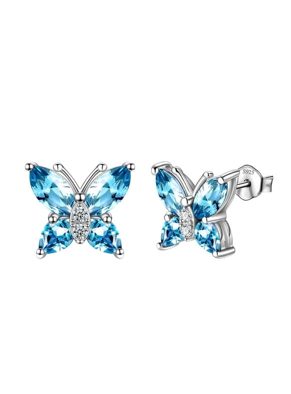 March Birthstone Earrings Blue Butterfly Earring Stud Aquamarine 925 Sterling Silver Women Jewelry Wife Valentines Christmas Mother's Day Gift
