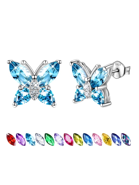 March Birthstone Earrings Blue Butterfly Earring Stud Aquamarine 925 Sterling Silver Women Jewelry Wife Valentines Christmas Mother's Day Gift