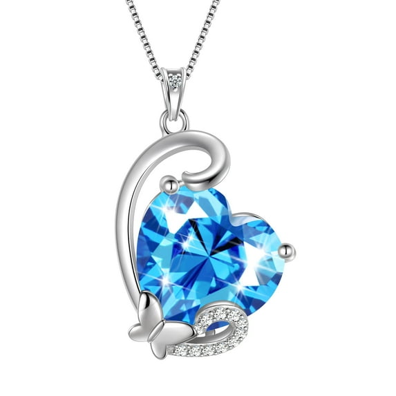 Juwaliy March Birthstone Necklace Butterfly Heart Pendant Blue Aquamarine Jewelry 925 Sterling Silver Women Mother Birthday Valentine's Day Gift