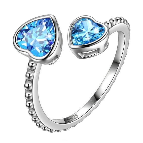 Juwaliy March Birthstone Ring Aquamarine 925 Sterling Silver Double Hearts Rings Bezel Blue Topaz Jewelry Women Birthday Mother's Day Gifts