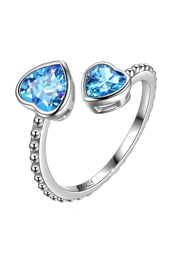 March Birthstone Ring Aquamarine 925 Sterling Silver Double Hearts Rings Bezel Blue Topaz Jewelry Women Birthday Mother's Day Gifts