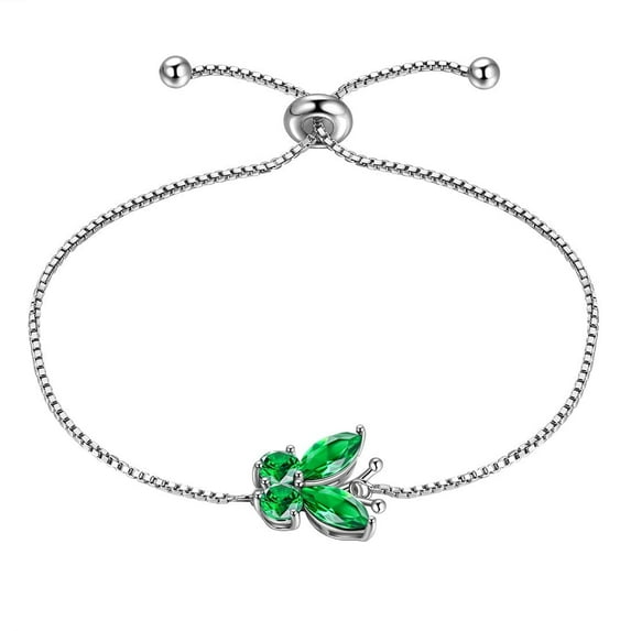 Juwaliy May Birthstone Bracelets Green Butterfly Bracelet Emerald CZ 925 Sterling Silver Jewelry Women Birthday Mother's Day Gift