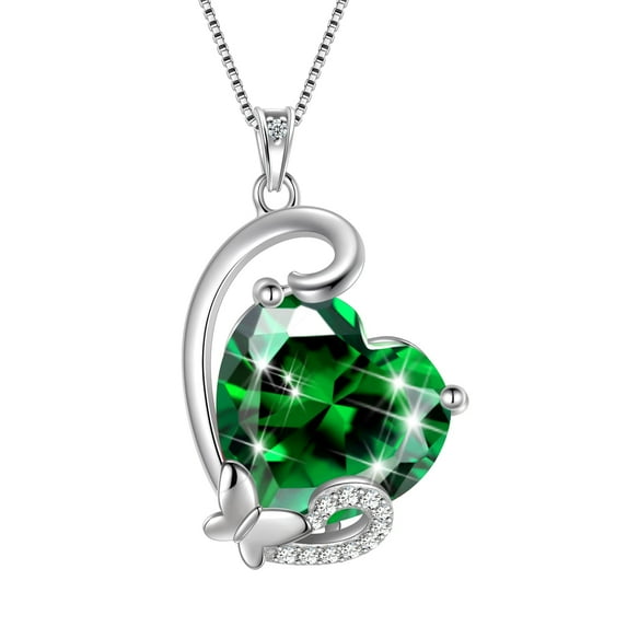 Juwaliy May Birthstone Heart Necklace Butterfly Pendant Green Emerald Sterling Silver Jewelry Women Birthday Christmas Mother's Day Gifts for Mom Grandma