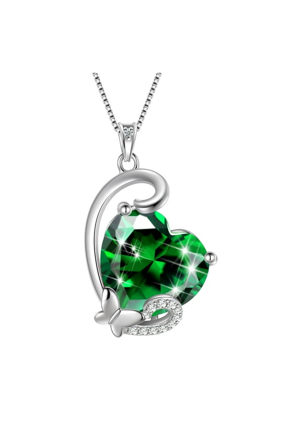 May Birthstone Heart Necklace Butterfly Pendant Green Emerald Sterling Silver Jewelry Women Birthday Christmas Mother's Day Gifts for Mom Grandma