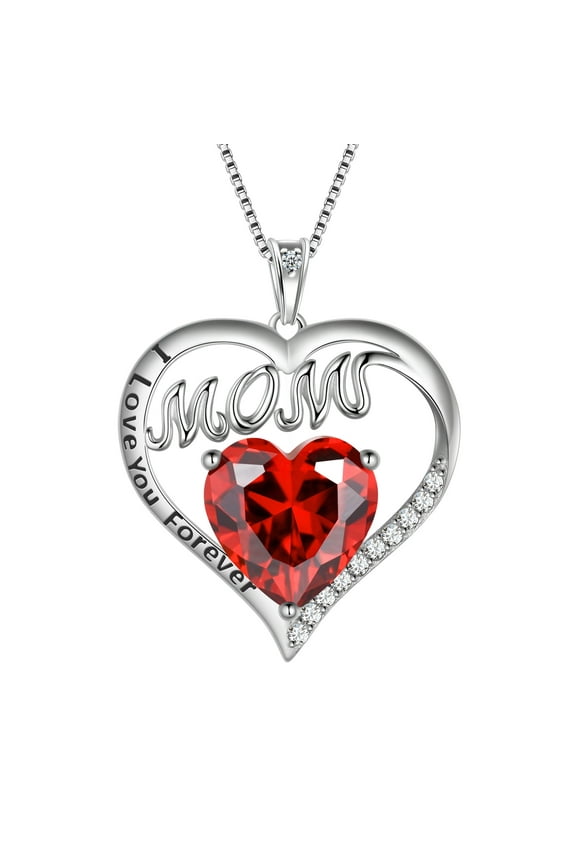 Mom Necklace Heart January Birthstone Necklace Garnet Red 925 Sterling Silver Pendant Jewelry Women Christmas Birthday Mother's Day Gifts from Daughter