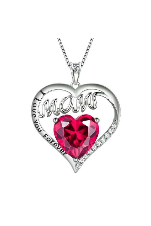 Mom Necklace Heart July Birthstone Necklace Ruby Red 925 Sterling Silver Pendant Jewelry Women Grandma Christmas Birthday Mother's Day Gifts