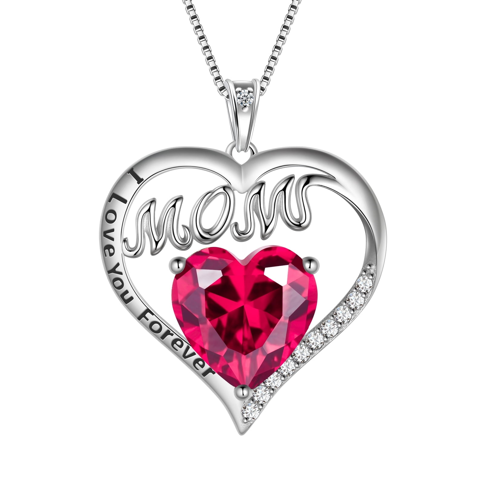 Juwaliy Mom Necklace Heart July Birthstone Necklace Ruby Red 925 Sterling Silver Pendant Jewelry Women Grandma Christmas Birthday Mother's Day Gifts