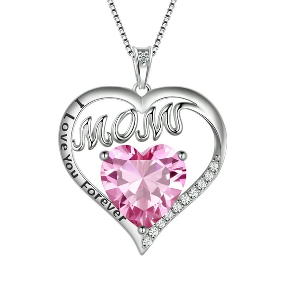 Juwaliy Mom Necklace Pink Heart October Birthstone Necklace Tourmaline 925 Sterling Silver Pendant Jewelry Women Grandma Christmas Birthday Mother's Day Gifts