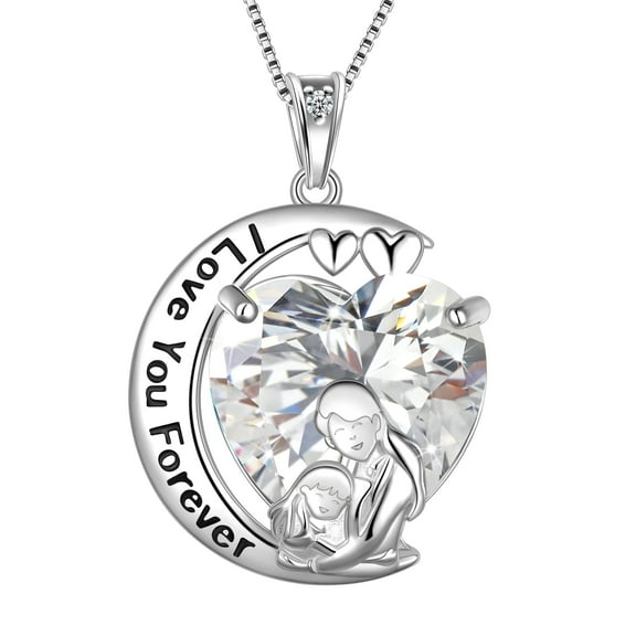 Juwaliy Moon Love Heart Mother Daughter Necklace 925 Sterling Silver Diamond April Birthstone Pendant Jewelry Women Christmas Birthday Mother's Day Gift