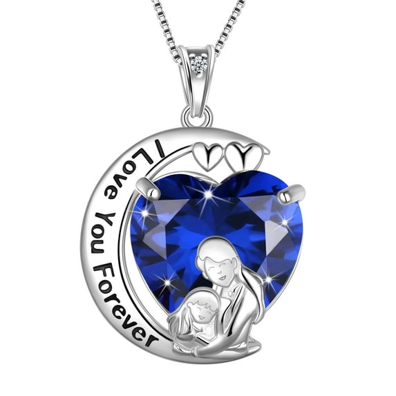 Juwaliy Moon Heart Mother and Daughter Necklace 925 Sterling Silver Blue Sapphire September Birthstone Pendant Jewelry Women Birthday Christmas Mothers Day Gift