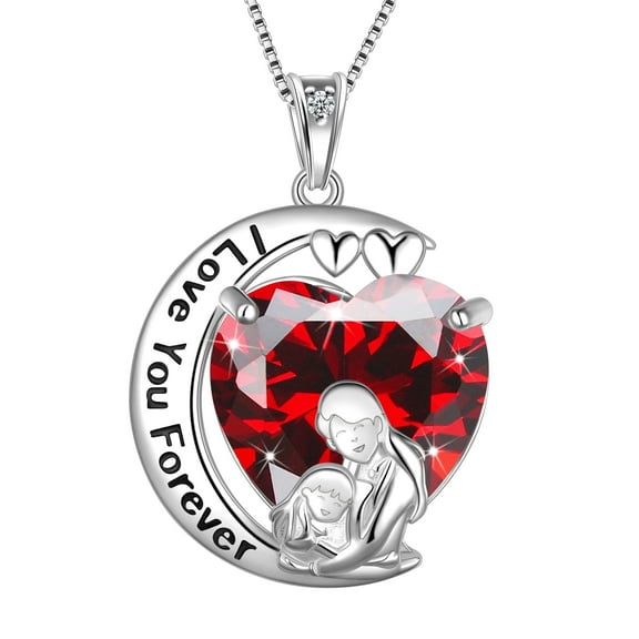 Juwaliy Moon Love Heart Mother Daughter Necklace 925 Sterling Silver Garnet January Birthstone Pendant Jewelry Women Birthday Christmas Mother's Day Gift