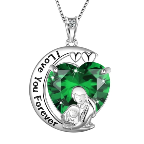 Juwaliy Moon Heart Mother Daughter Necklace 925 Sterling Silver Green Emerald May Birthstone Pendant Jewelry Women Mom Christmas Birthday Mother's Day Gift