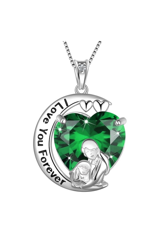 Moon Heart Mother Daughter Necklace 925 Sterling Silver Green Emerald May Birthstone Pendant Jewelry Women Mom Christmas Birthday Mother's Day Gift