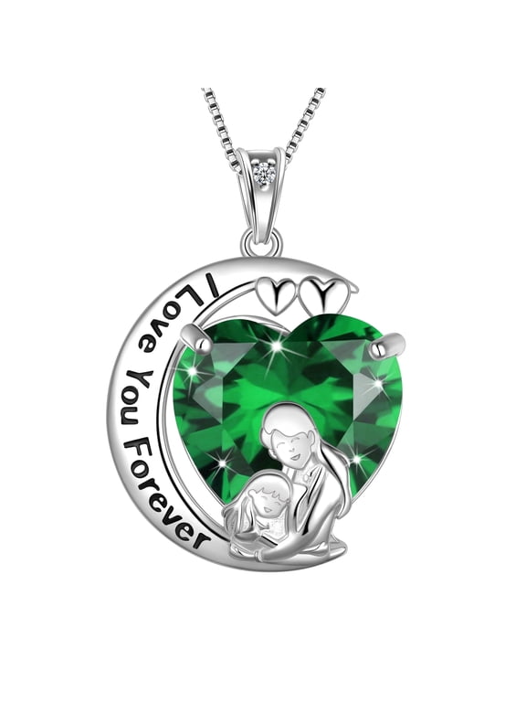 Moon Heart Mother Daughter Necklace 925 Sterling Silver Green Emerald May Birthstone Pendant Jewelry Women Mom Christmas Birthday Mother's Day Gift