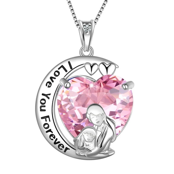 Juwaliy Moon Heart Mother Daughter Necklace 925 Sterling Silver Pink Tourmaline October Birthstone Pendant Jewelry Women Birthday Christmas Mother Day Gift Idea