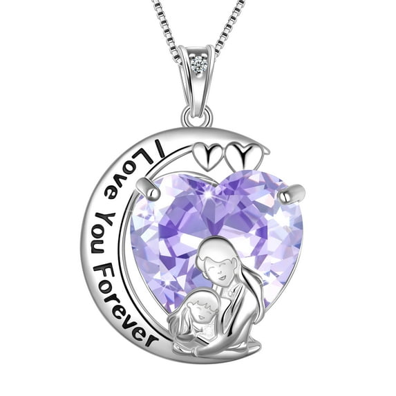 Juwaliy Moon Heart Mother Daughter Necklace 925 Sterling Silver Purple Alexandrite June Birthstone Pendant Jewelry Women Mom Christmas Mother's Day Gift
