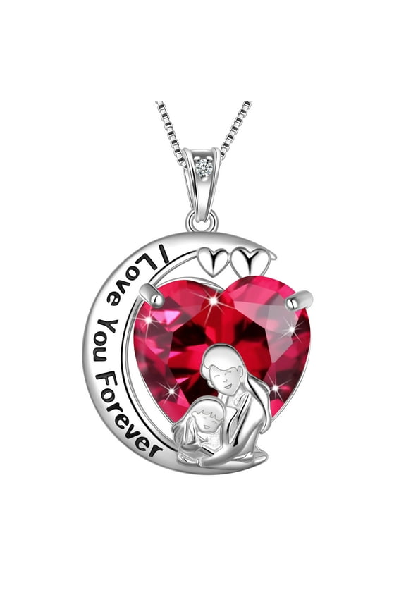Moon Heart Mother Daughter Necklace 925 Sterling Silver Red Ruby July Birthstone Pendant Jewelry Women Birthday Christmas Mother's Day Gift for Mom