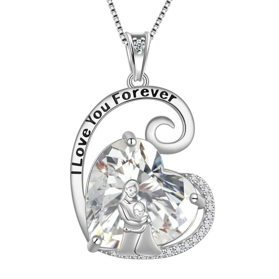 Juwaliy Mother Daughter Necklace 925 Sterling Silver Love Heart Diamond April Birthstone Pendant Jewelry Mom Women Christmas Birthday Mother's Day Gift