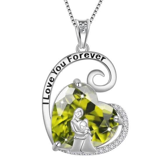 Juwaliy Mother Daughter Necklace 925 Sterling Silver Love Heart Peridot August Birthstone Pendant Jewelry Mom Women Christmas Birthday Mother's Day Gift