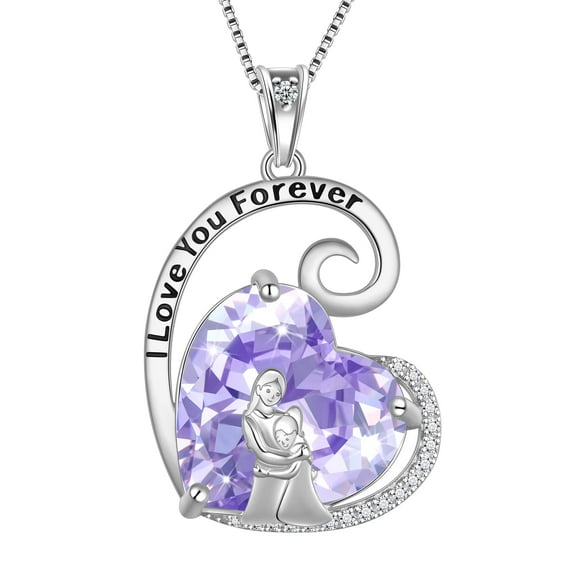 Juwaliy Mother Daughter Necklace 925 Sterling Silver Purple Heart Alexandrite June Birthstone Pendant Jewelry Women Christmas Mother's Day Gift for Mom