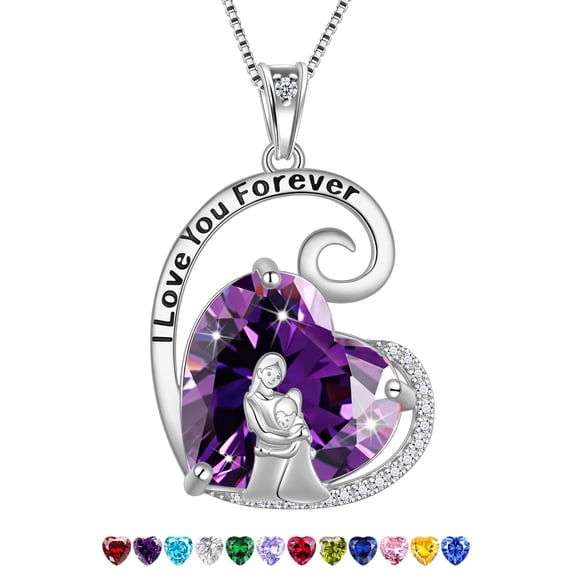 Juwaliy Mother Daughter Necklace 925 Sterling Silver Purple Heart Amethyst February Birthstone Pendant Jewelry Women Birthday Christmas Mother's Day Gift Idea