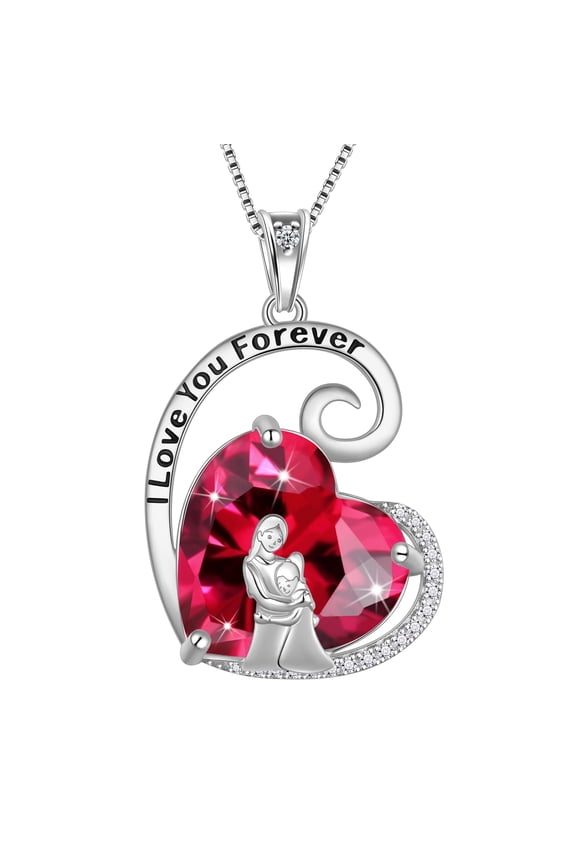 Mother Daughter Necklace 925 Sterling Silver Red Love Heart Ruby July Birthstone Pendant Jewelry Women Birthday Christmas Mother's Day Gift for Mom
