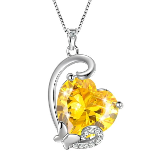Juwaliy November Birthstone Heart Necklace Butterfly Pendant Citrine Jewelry Yellow CZ 925 Sterling Silver Mother Christmas Birthday Gift for Women