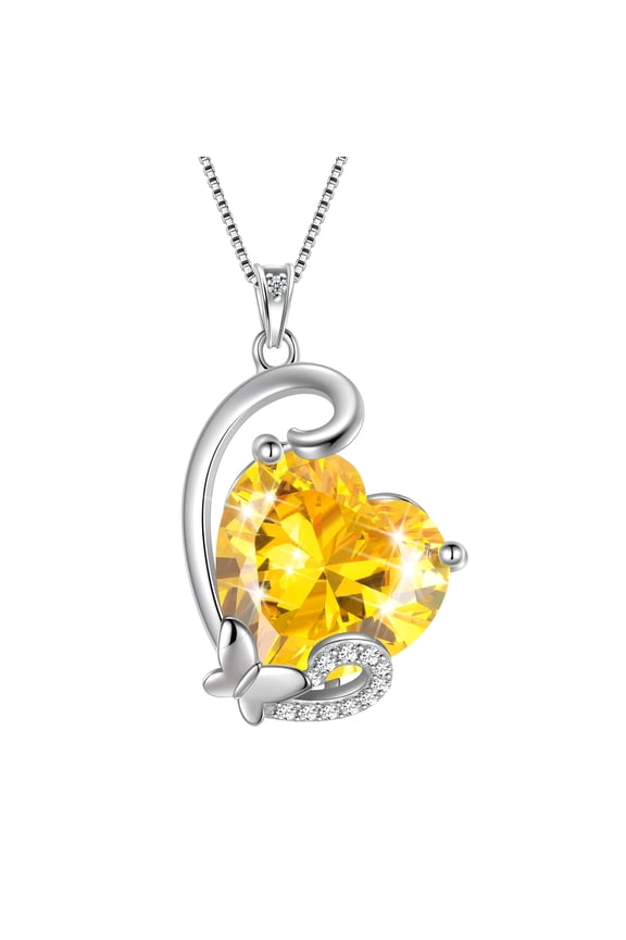 November Birthstone Heart Necklace Butterfly Pendant Citrine Jewelry Yellow CZ 925 Sterling Silver Mother Christmas Birthday Gift for Women